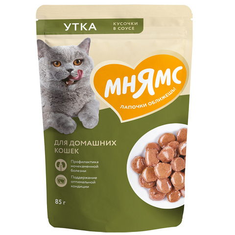 Мнямс мясные кусочки для домашних кошек с уткой кусочки в соусе 85г