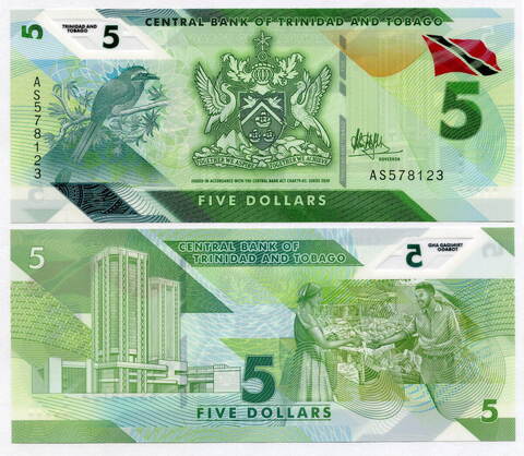 Банкнота Тринидад и Тобаго 5 долларов 2020 год AS578123. UNC (пластик)