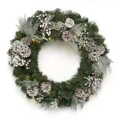 Рождественский венок Элитный с серебряным декором 60 см., 30 теплых-белых Led ламп, Литая хвоя+ПВХ, ЕлкиТорг (52099)