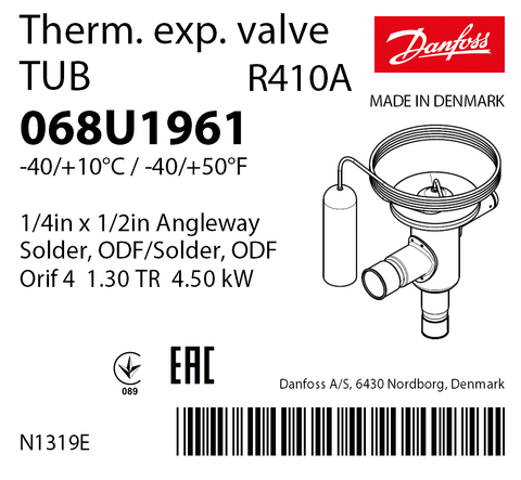 Терморегулирующий клапан Danfoss TUB 068U1961 (R410A, без МОР) угловой