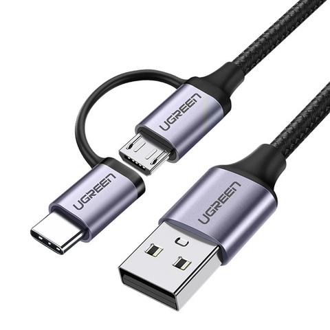 Кабель UGREEN US177 (30875) USB-A to Micro USB + USB Type-C Cable 1м черный