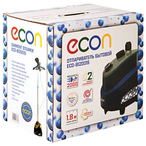 Отпариватель ECON ECO-BI2001S, 2000 Вт, пар 60 г/мин, резервуар 1,7 л, 2 режима, 2 насадки, синий
