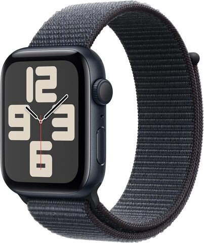 Умные часы Apple Watch SE 2024 44 мм из алюминия цвета «тёмная ночь», нейлоновый браслет темно-синего цвета