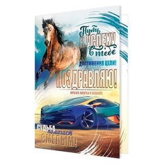 
          Открытка двойная "Поздравляю! Ярких впечатлений!" для мужчины, 194 х 251 мм, с текстом, спорт машина, лошадь