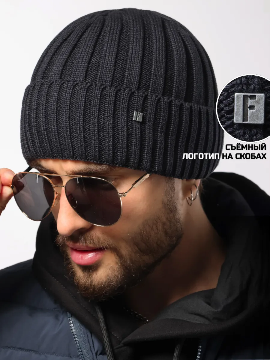 Шапка зимняя на флисе вязаная бини