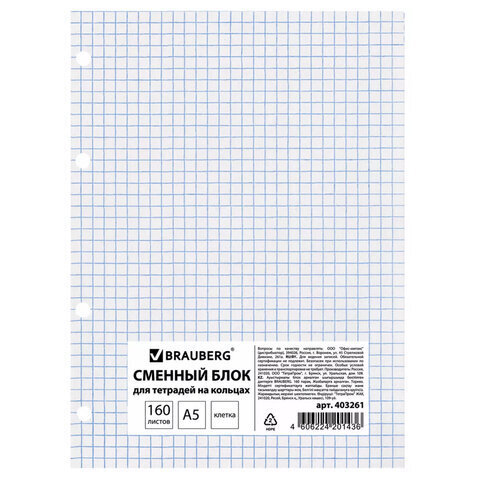 Блок сменный д/тетр. на кольцах А5 160 л. (BRAUBERG) 
