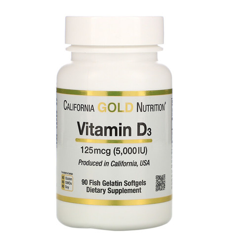 California Gold Nutrition, Витамин D3, 125 мкг (5000 МЕ), 90 рыбно-желатиновых капсул