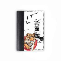 Обложка на паспорт комбинированная "Тигр и маяк", черная