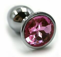 Серебристая алюминиевая анальная пробка с светло-розовым кристаллом - 6 см. - 
