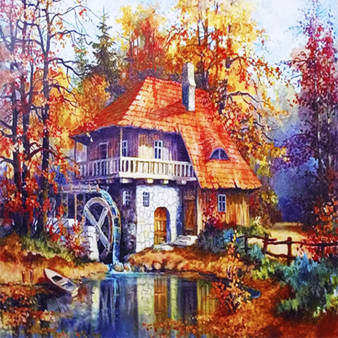 Алмазная мозаика картина стразами Дом в осеннем лесу, 30х40 см