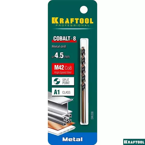 KRAFTOOL COBALT 4.5 х80мм, Сверло по металлу HSS-Co(8%) , сталь М42(S2-10-1-8)