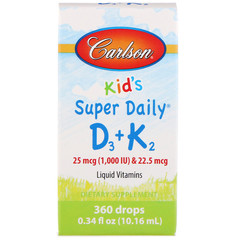 Carlson Labs, Kids, Super Daily D3+K2, 25 мкг (1000 МЕ) и 22,5 мкг, 10,16 мл (0,34 жидкой унции)