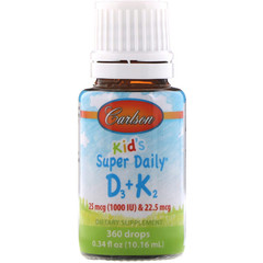 Carlson Labs, Kids, Super Daily D3+K2, 25 мкг (1000 МЕ) и 22,5 мкг, 10,16 мл (0,34 жидкой унции)