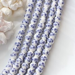 Бусина Шарик, керамика, белая с синей росписью, 8 мм, 1 нить, К121