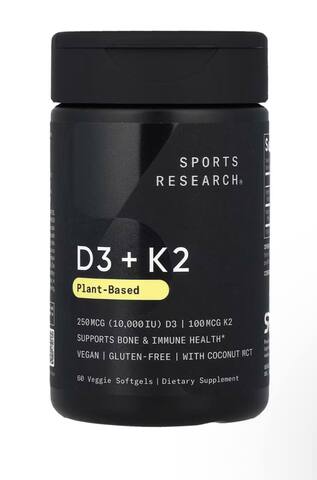 Sports Research Витамины D3 + K2, растительного происхождения, 250 мкг / 100 мкг, 60 растительных капсул