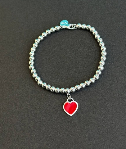 Браслет-дорожка (бусинки) Tiffany из неродированго серебра с подвеской сердце с красной эмалью, lux