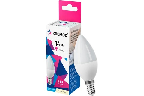 Лампа светодиодная Космос  LkecLED14wCNE1430 цоколь E14, свеча CN, 14Вт = 140Вт, теплый 3000k, световой поток 1260лм, 220 вольт - купить в компании MAKtorg