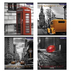 
          Тетрадь 36 л., А5, клетка, Alingar "Городские виды ", скрепка, офсет, мелованный картон (стандарт), 4 дизайна в пленке т/у