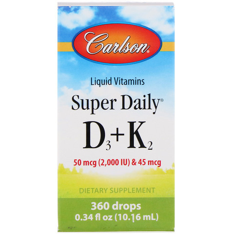 Carlson Labs, Жидкие витамины, Super Daily D3+K2, 50 мкг, 0,34 ж. унц. (10,16 мл)