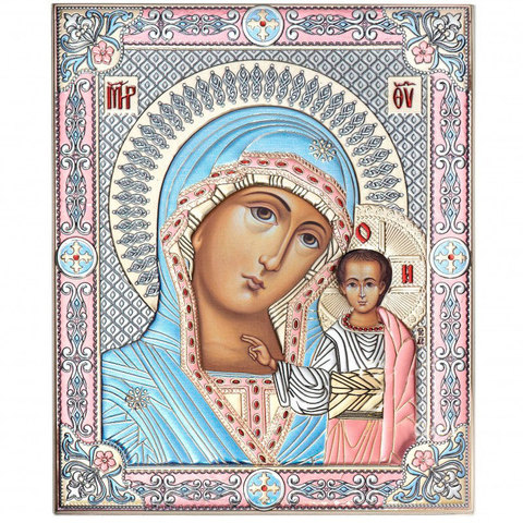 Серебряная икона Божией Матери Казанской, цветной лак