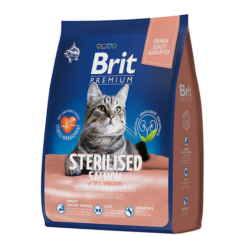 Сухой корм Brit Premium Cat Sterilised с курицей и лососем 2кг, для кастр.кошек 07.2025