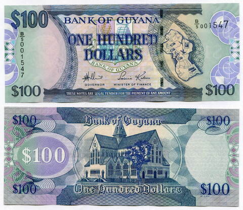 Банкнота Гайана 100 долларов 2006 год B/5 001547. UNC