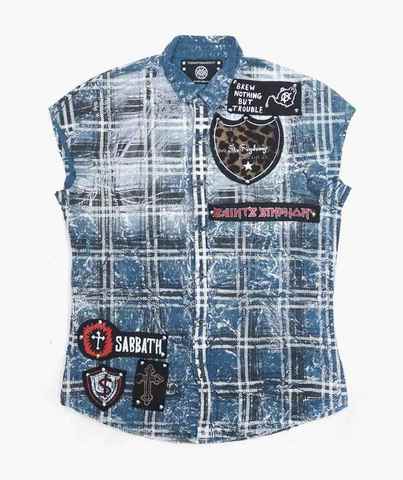 The Saints Sinphony |  Рубашка без рукавов мужская BLUE SLEEVELESS BUTTON UP PUNK PATCHES TS3140 детали перед