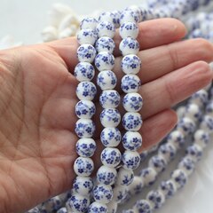Бусина Шарик, керамика, белая с синей росписью, 8 мм, 1 нить, К121