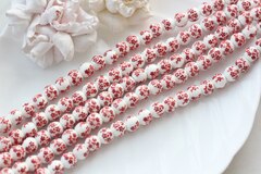 Бусина Шарик, керамика, белая с красной росписью, 8 мм, 1 нить, К149