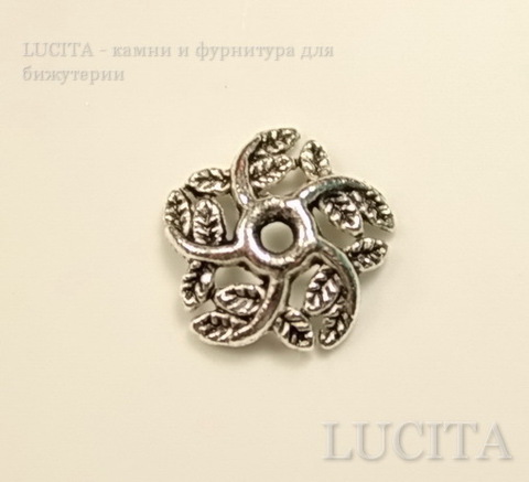 Шапочка для бусины "Завитки-листики" (цвет - античное серебро) 10х3 мм, 10 штук ()