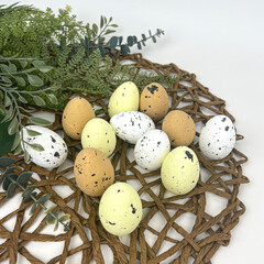 Яйцо разноцветное из пенопласта, Коричнево-желто-белые , пятнистые, пасхальный декор, размер 3*4 см, набор 12 шт.
