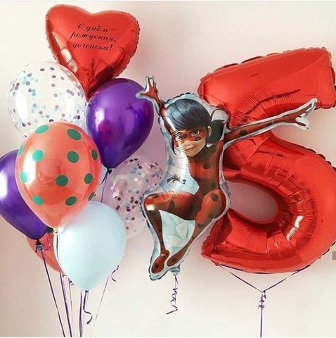 воздушные шары девочке на день рождения леди баг, шар цифра 5