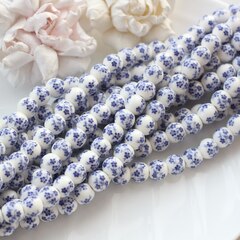 Бусина Шарик, керамика, белая с синей росписью, 8 мм, 1 нить, К121