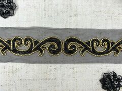 Тесьма декоративная вышивка стеклярус ш. 7 см/стеклярус ш. 4 см, чёрный с золотом