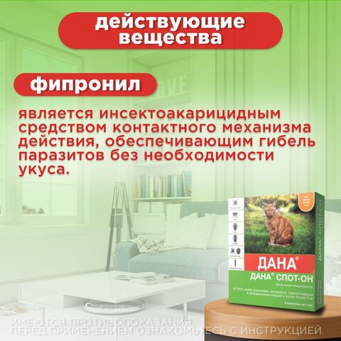 Капли на холку от блох, клещей, вшей и власоедов для кошек более 3 кг Дана Спот-Он (Apicenna), 2 пипетки Фипронил