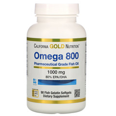 California Gold Nutrition, Омега 800 производства Madre Labs, рыбий жир фармацевтического класса, 80 % ЭПК/ДГК, в форме триглицеридов, 1 000 мг, 90 мягких капсул с рыбным желатином