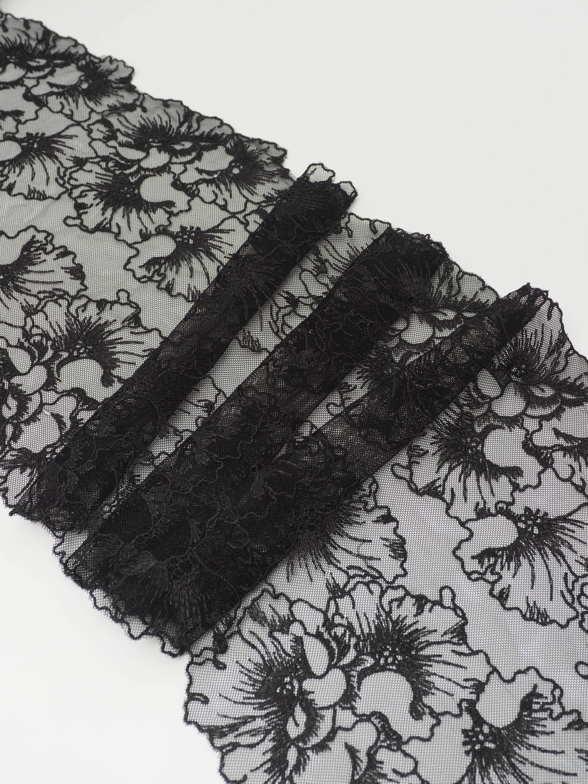 Вышивка на сетке черная неэластичная ширина 22 см ОТРЕЗЫ