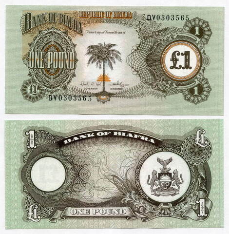 Банкнота Биафра 1 фунт 1968 год DV0303565. UNC (Самопровозглашённое частично признанное и уже несуществующее государство в Нигерии)