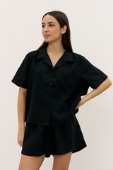 Рубашка 06, с коротким рукавом, из 100% льна, черная