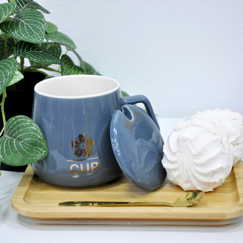 Керамическая кружка с крышкой и ложкой, 9.5x7.7 см, серый, 400 мл