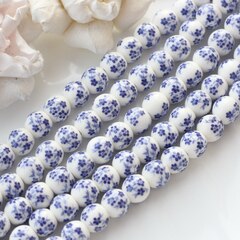 Бусина Шарик, керамика, белая с синей росписью, 8 мм, 1 нить, К121