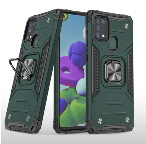 Противоударный чехол для Samsung Galaxy M31 M315 зеленый с пластиной для магнитного автодержателя и кольцом подставкой / чехол накладка для телефона Самсунг Галакси М31 трансформируется в подставку / чехол с держателем на палец