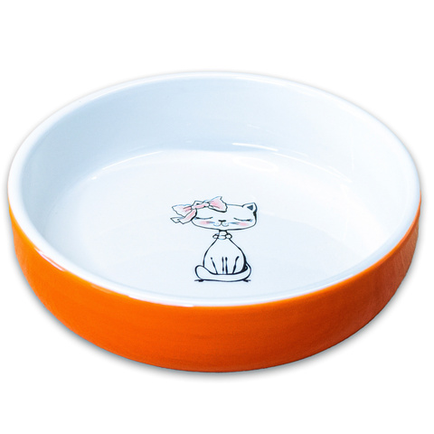 КерамикАрт миска керамическая для кошек "кошка с бантиком" 370 мл (Оранжевая)