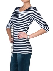 Купить женскую тельняшку - Магазин тельняшек.ру 8-800-700-93-18Тельняшка женская приталенная с рукавом 3/4 (темно-синяя полоса) в Магазине тельняшек