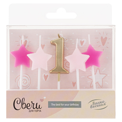 Свечи тортовые Набор 1-ый День Рождения  Девочки, Золото/Розовый, 2,5*3,5 + 4 см, 5 шт.