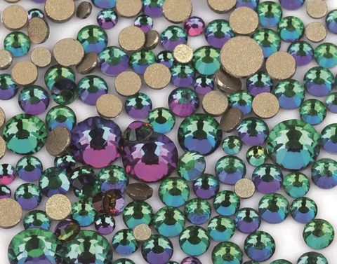 Стеклянные стразы  (размер микс) 1140шт, цвет хамелеон изумруд-розовый