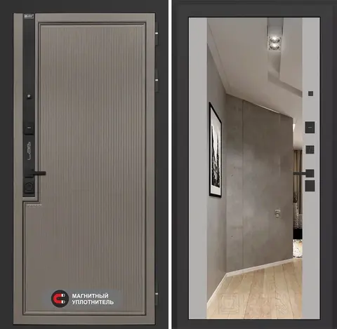 Входная дверь в квартиру Лабиринт Лаб про 1 Велютто кофе с зеркальной вставкой Макси Серый софт