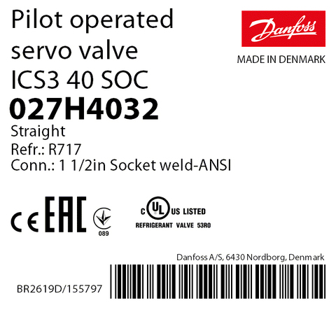 Пилотный клапан ICS3 40 Danfoss 027H4032 сварное соединение