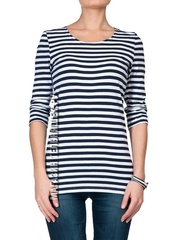 купить темно-синяя тельняшка - Магазин тельняшек.ру 8-800-700-93-18Тельняшка женская приталенная с рукавом 3/4 (темно-синяя полоса) в Магазине тельняшек