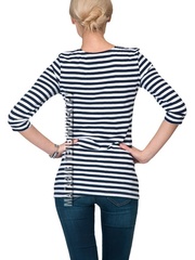 магазин женской одежды - магазин тельняшек.ру 8-800-700-93-18Тельняшка женская приталенная с рукавом 3/4 (темно-синяя полоса) в Магазине тельняшек